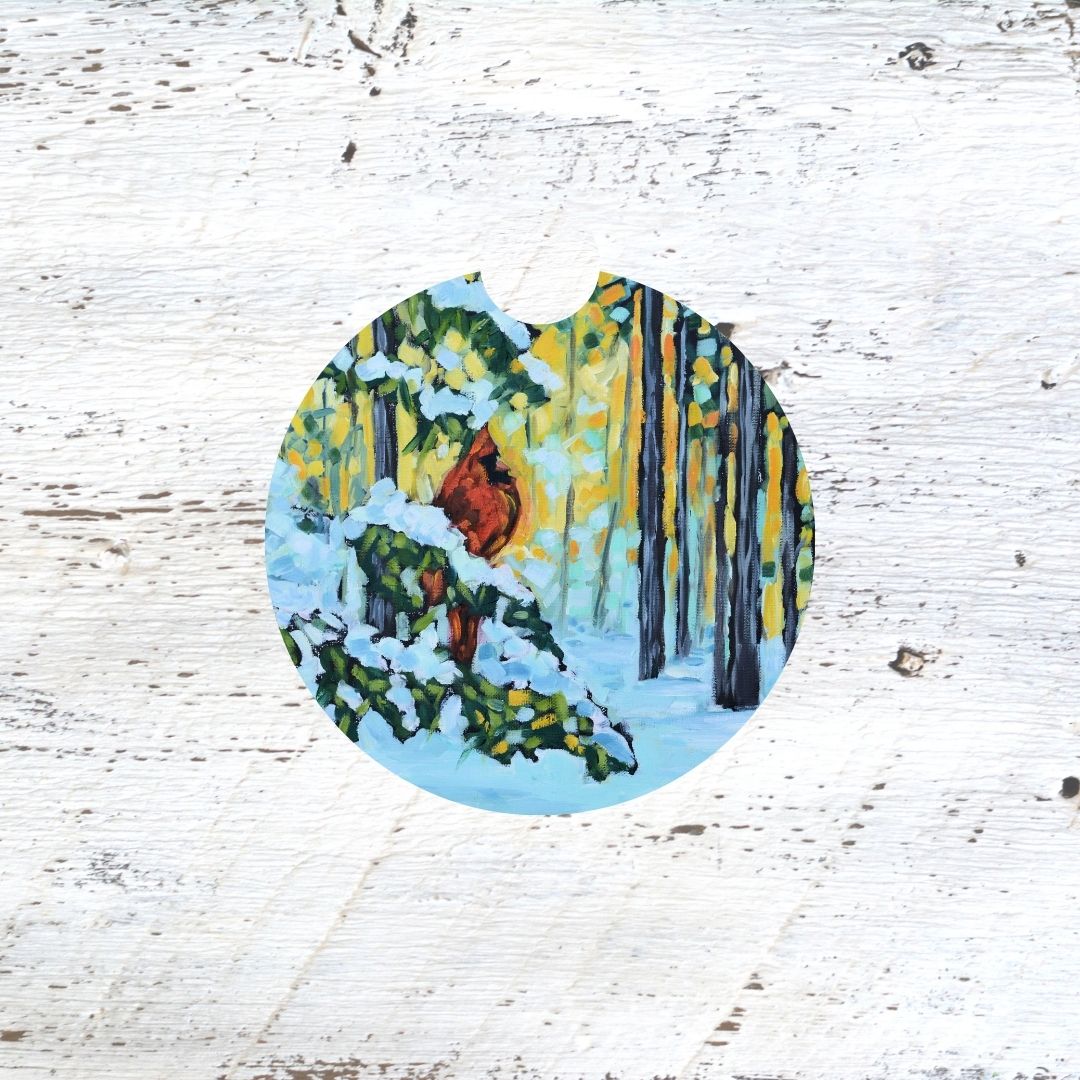 Car Coaster: Winter's Watcher - Cardinal in the Pine Trees