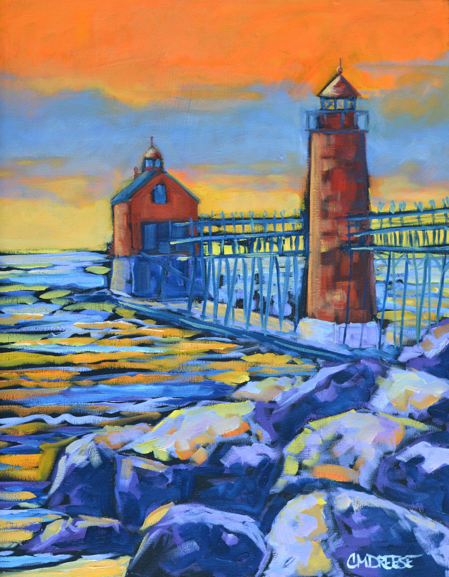 "Grand Haven Lighthouse: Burning Sky, Quiet Shores" Giclee Print on Paper or Canvas. Michigan Artist Christi Dreese
