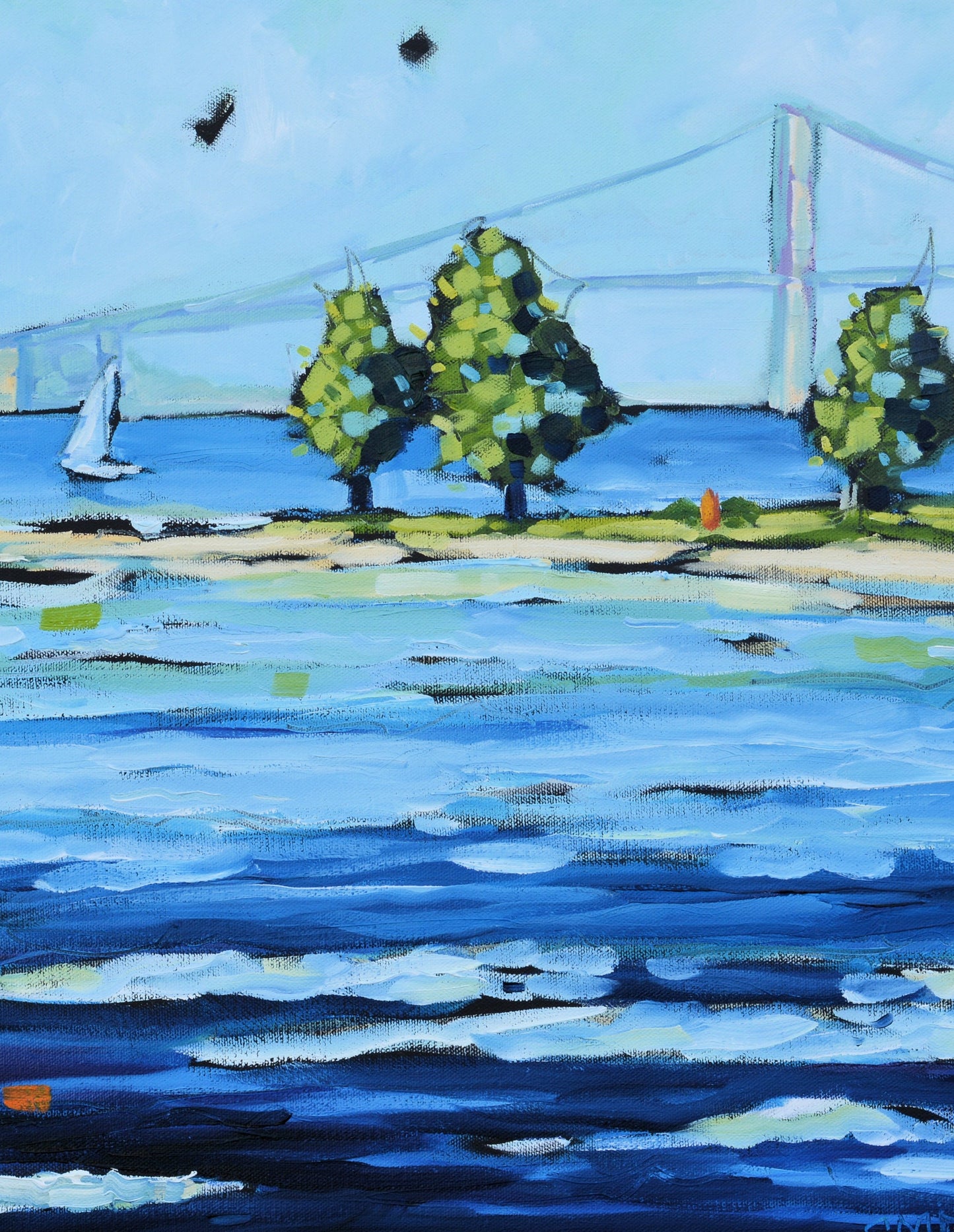 "Sailing at Mackinac Island" Mackinac Bridge Sailboat Glass Art Print