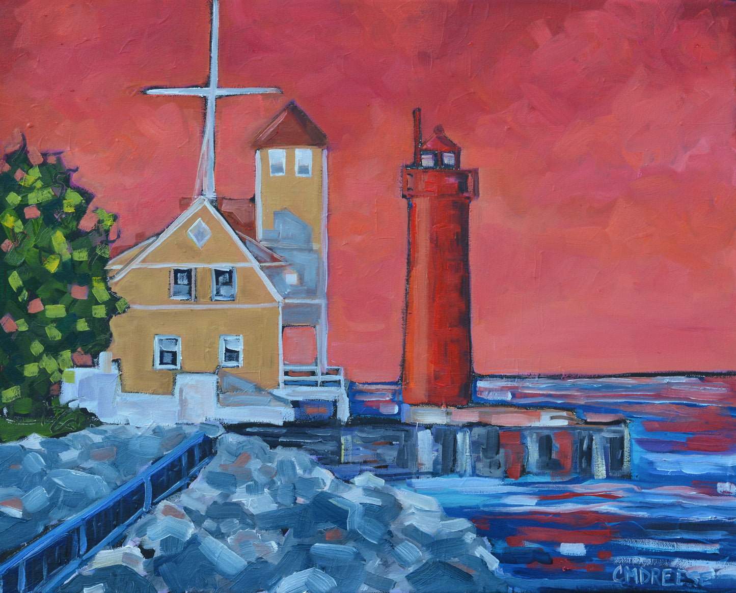 "Muskegon Lighthouse" Oil Painting on Canvas, Sunset Painting, Original Oil Painting, Wall Art Livingroom, Fine Art Painting Original, Lake Michigan Painting, Muskegon Lighthouse Painting, Cottage Art, Lighthouse Painting on Canvas, Artist Christi Dreese
