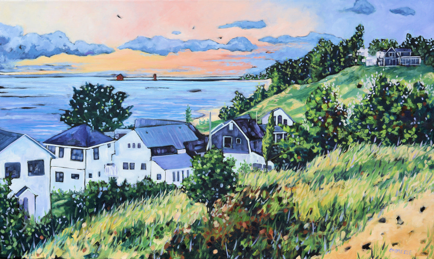 Painting of houses on a hill overlooking Lake Michigan with a colorful sunset. Stickney Ridge, Grand Haven Michigan.