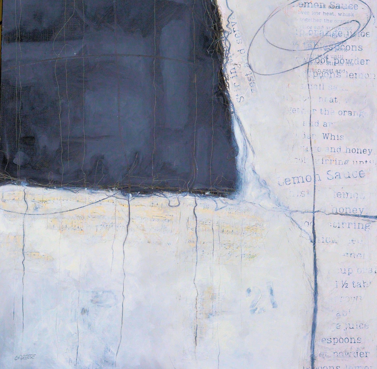 "What's in the Sauce?" Mixed Media: Oil, Cold Wax and Collage on Canvas. Artist Christi Dreese