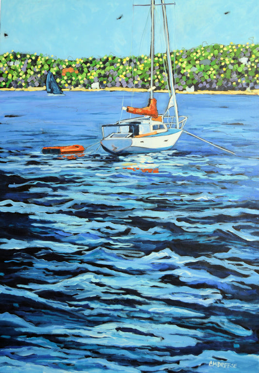"Anchored" Original Oil Painting on Canvas, Original Oil Painting on Canvas, Wall Art Livingroom, Fine Art Painting Original, Beach Wall Art, Lake Michigan Painting, Cottage Art, Sailboat Wall Art, Lake Painting on Canvas, Artist Christi Dreese