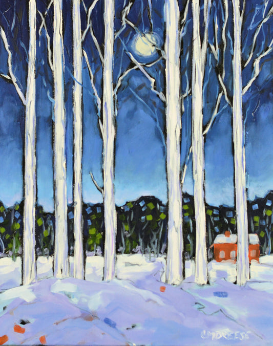 "Blame it on the Moon: Quiet Winter Woods" Oil Painting on Canvas, Wall Art Livingroom, Fine Art Painting Original, Winter Birch Trees Painting, Blame it on the Moon Painting, Cottage Art, Winter Moon Painting on Canvas, Artist Christi Dreese