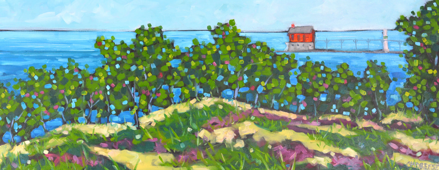 "Rosy's Outlook Beyond the Dunes" Oil Painting on Canvas, Original Oil Painting, Wall Art Livingroom, Fine Art Painting Original, Lake Michigan Painting, Grand Haven Lighthouse Painting, Cottage Art, Lighthouse Painting on Canvas, Artist Christi Dreese