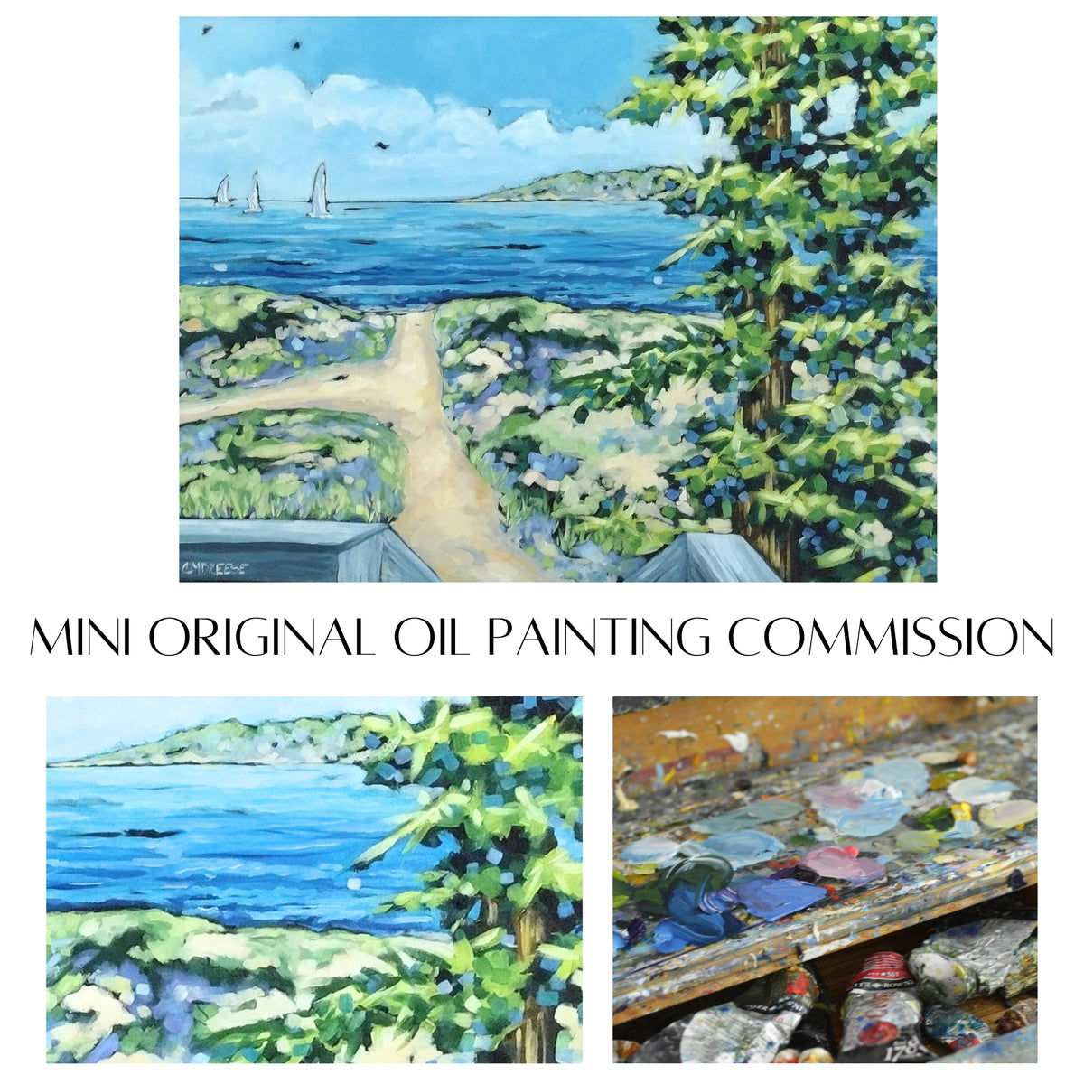 "Mini original oil painting commission by Christi Dreese — impressionistic coastal landscape with sailboats, lush greenery, and a sandy path to the water"