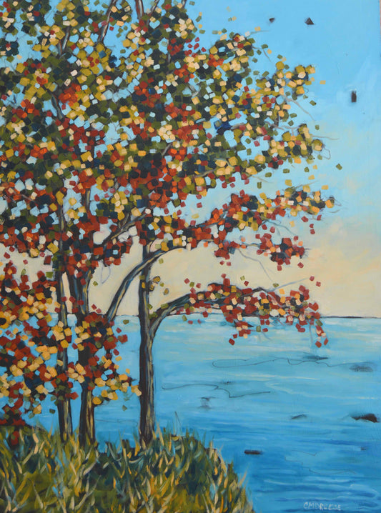 Water's Edge, a 30x40 oil painting by Christi Dreese depicting a lone tree overlooking the Lake Michigan shoreline near Grand Haven, Michigan