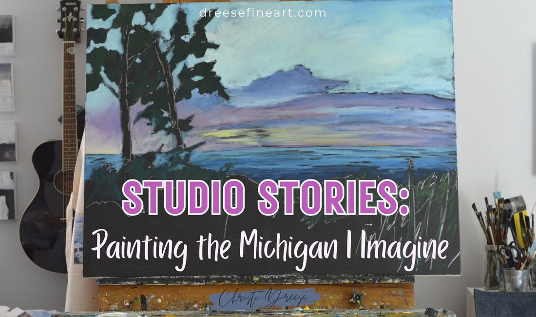 Christi Dreese painting a Michigan landscape oil painting on a black canvas in her studio