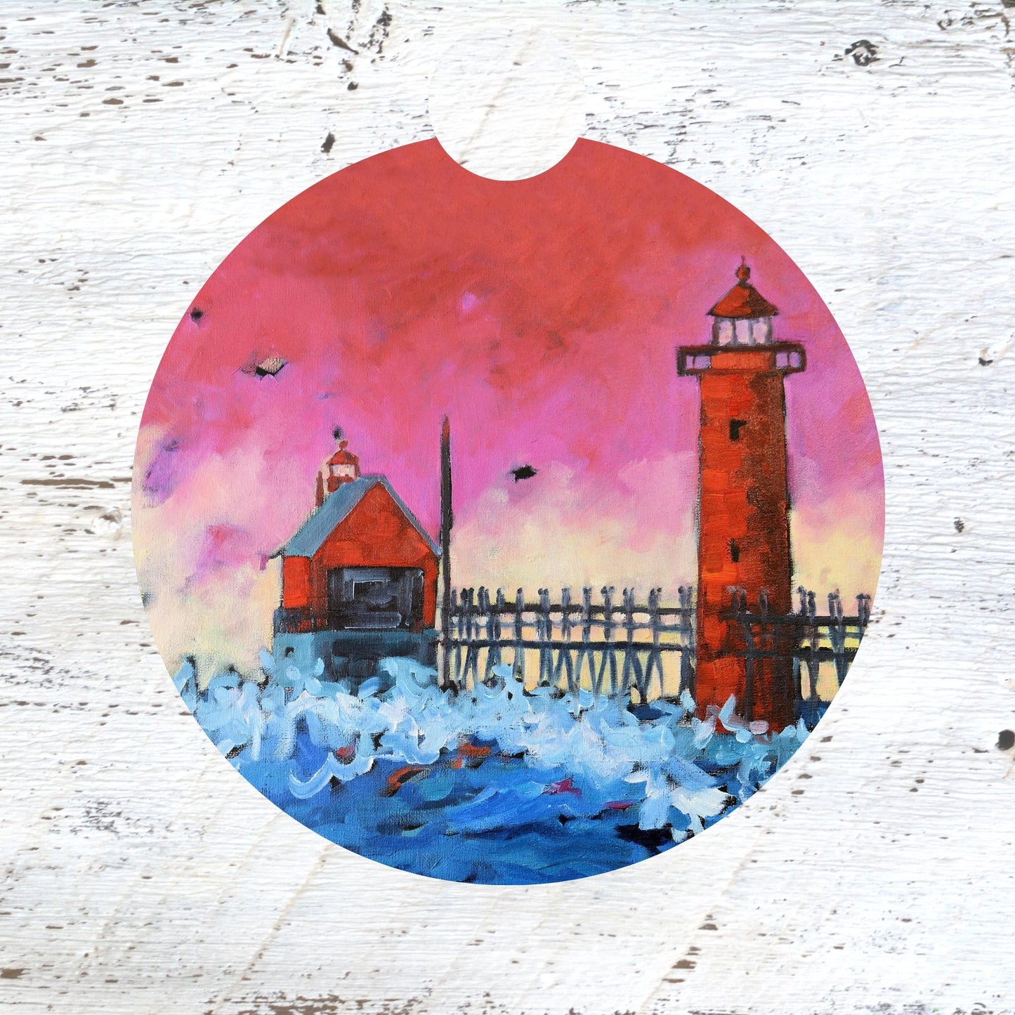 Car Coaster:  Pink Sky at Night Grand Haven Lighthouse. Artist Christi Dreese