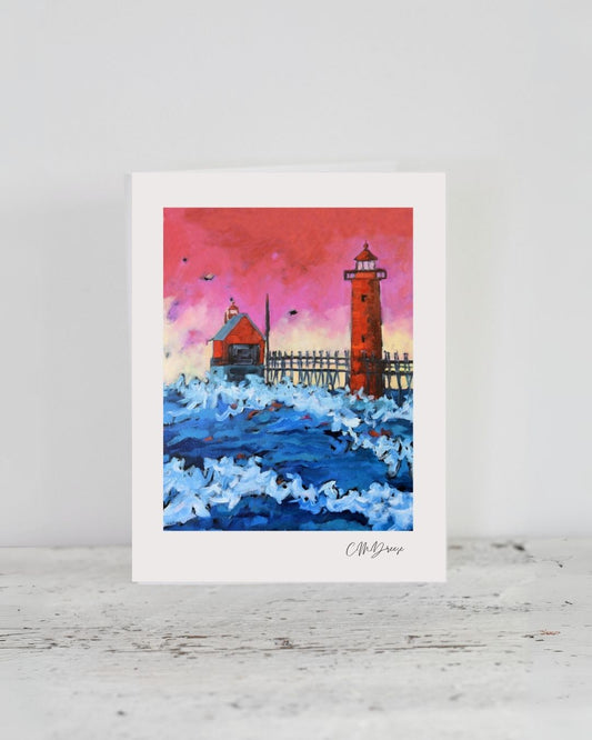 Notecard - Grand Haven Lighthouse Pink Sky at Night