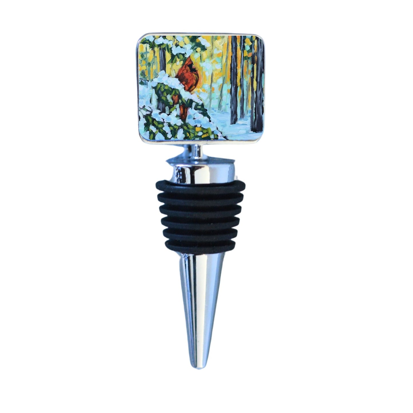 Wine Bottle Stopper: Winter's Watcher - Cardinal in the Pine Trees