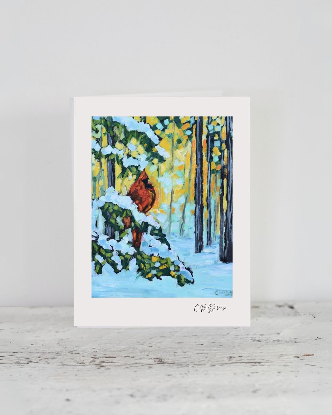 Notecard - Wiinter's Watcher- Cardinal in the Pine Trees
