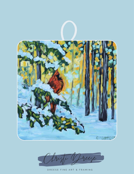 Potholder: Snowberry Song - Winter's Watcher -Cardinal in the Pine Trees