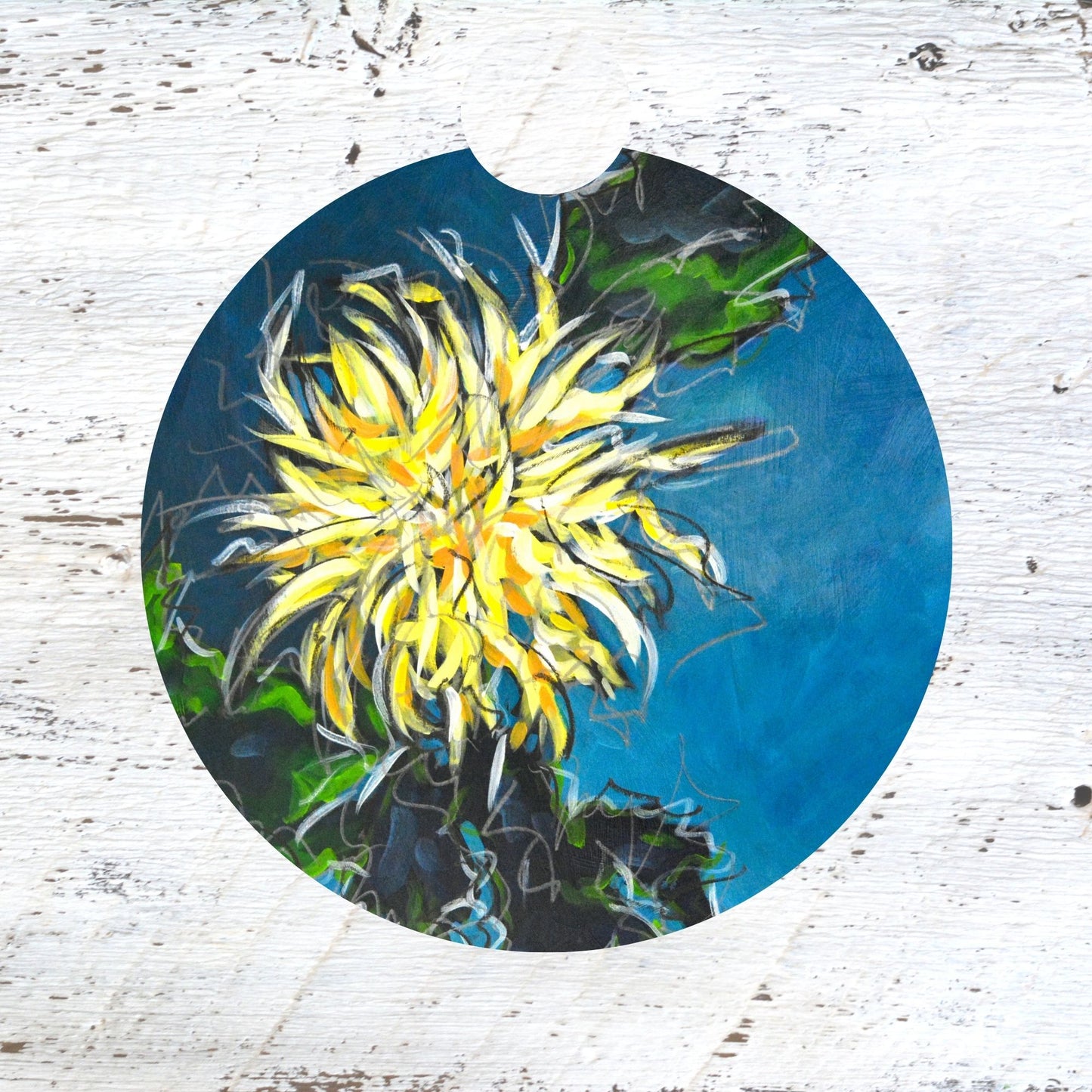 Car Coaster:  Yellow Chyrsanthemum. Wild and Beautiful.  Artist Christi Dreese