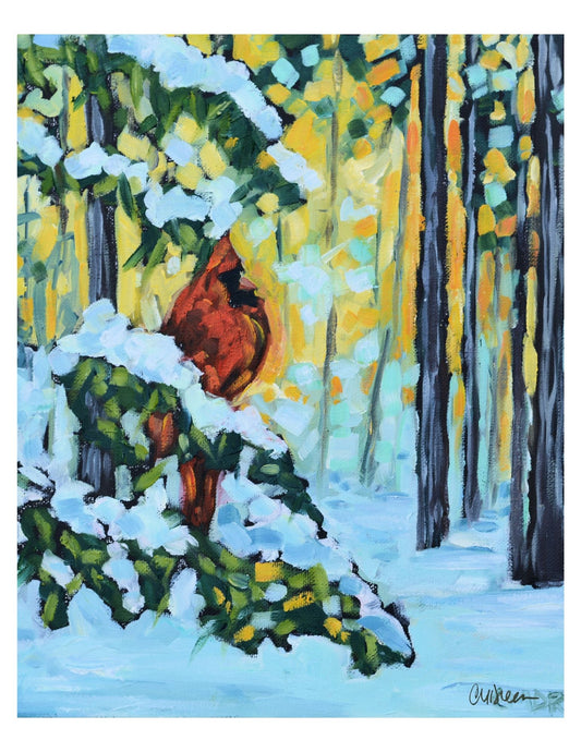 "Winter's Watcher - Cardinal in the Pine Trees"  Print - Wall Art Home Decor
