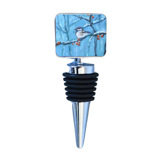 Wine Bottle Stopper: Snowberry Song - Winter Chickadee