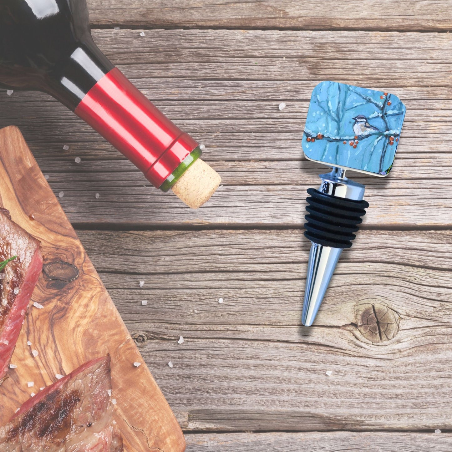 Wine Bottle Stopper: Snowberry Song - Winter Chickadee