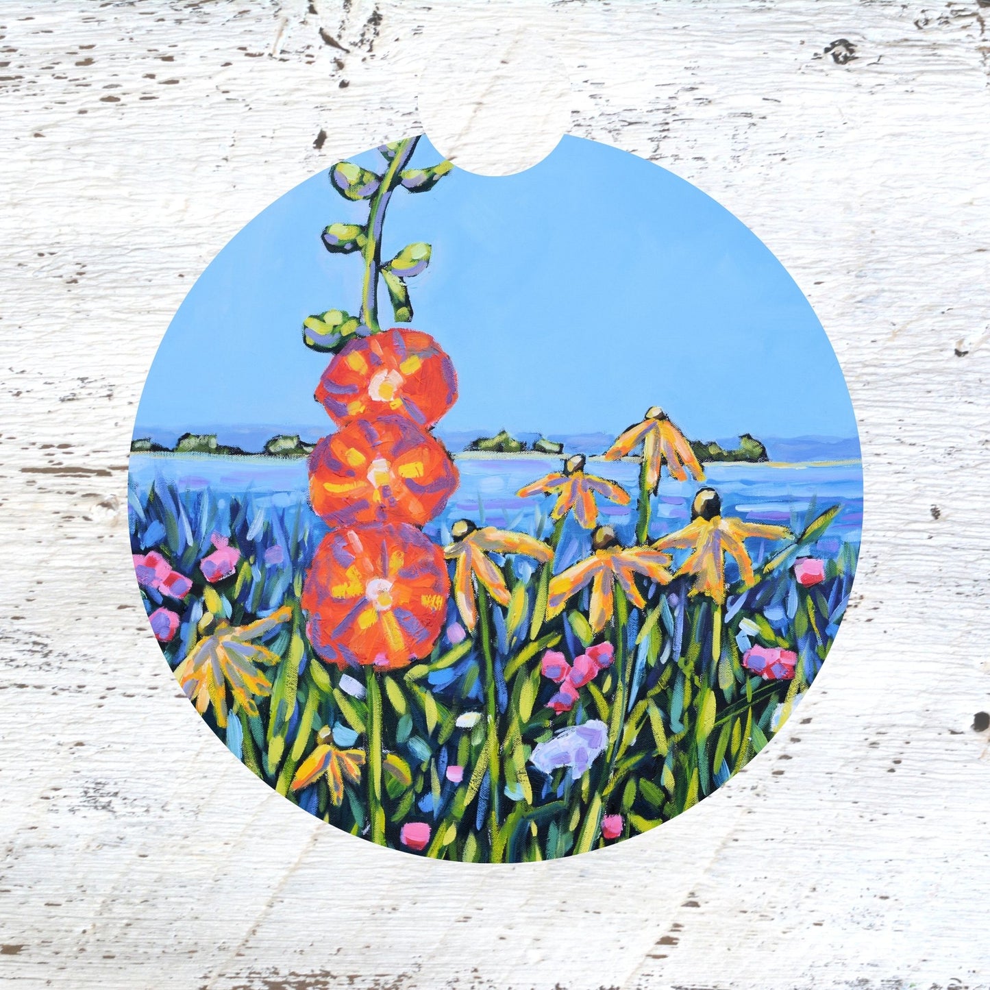 Car Coaster:  Hollyhocks - Mackinac Island . Artist Christi Dreese