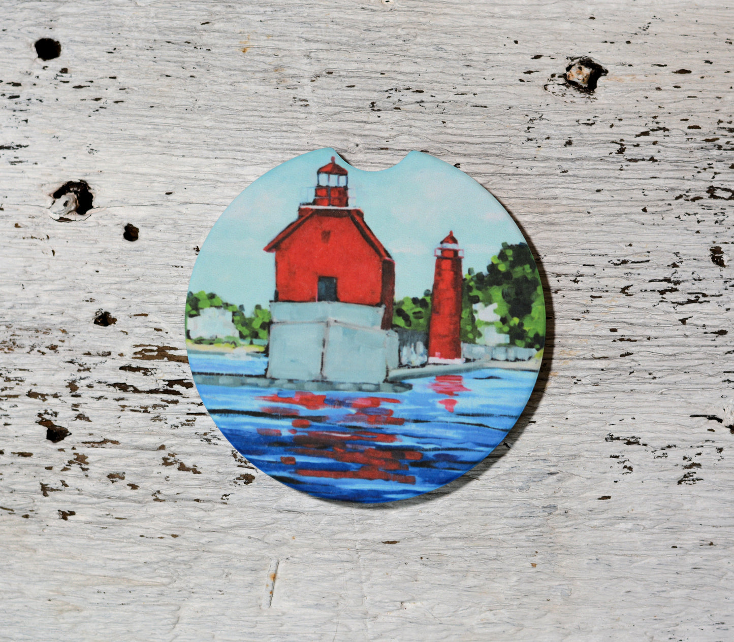 Car Coaster:  Lake View: Grand Haven Lighthouse. Artist Christi Dreese