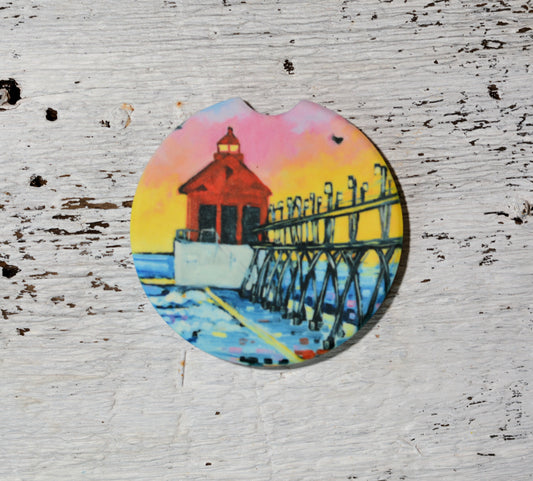 Car Coaster: Grand Haven Sunset Lighthouse. Artist Christi Dreese