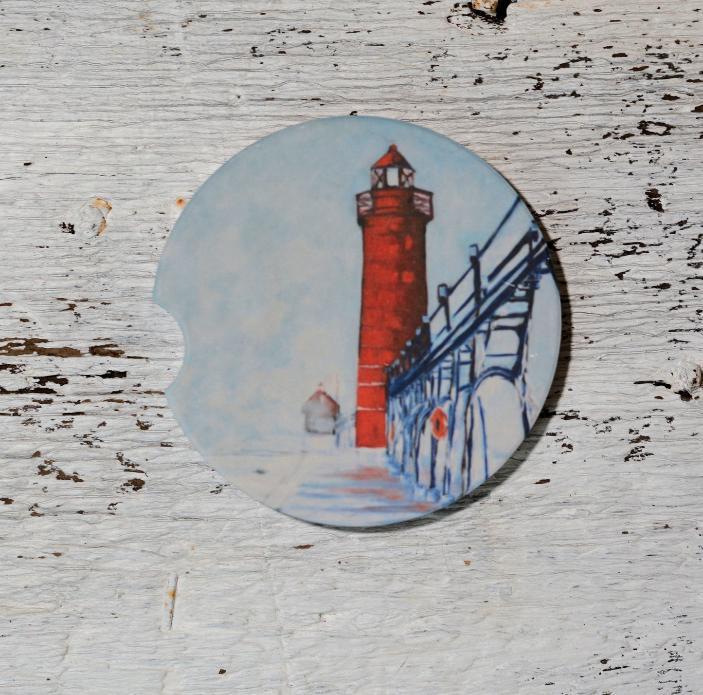 Car Coaster: Winter's Magic: Grand Haven Lighthouse. Artist Christi Dreese