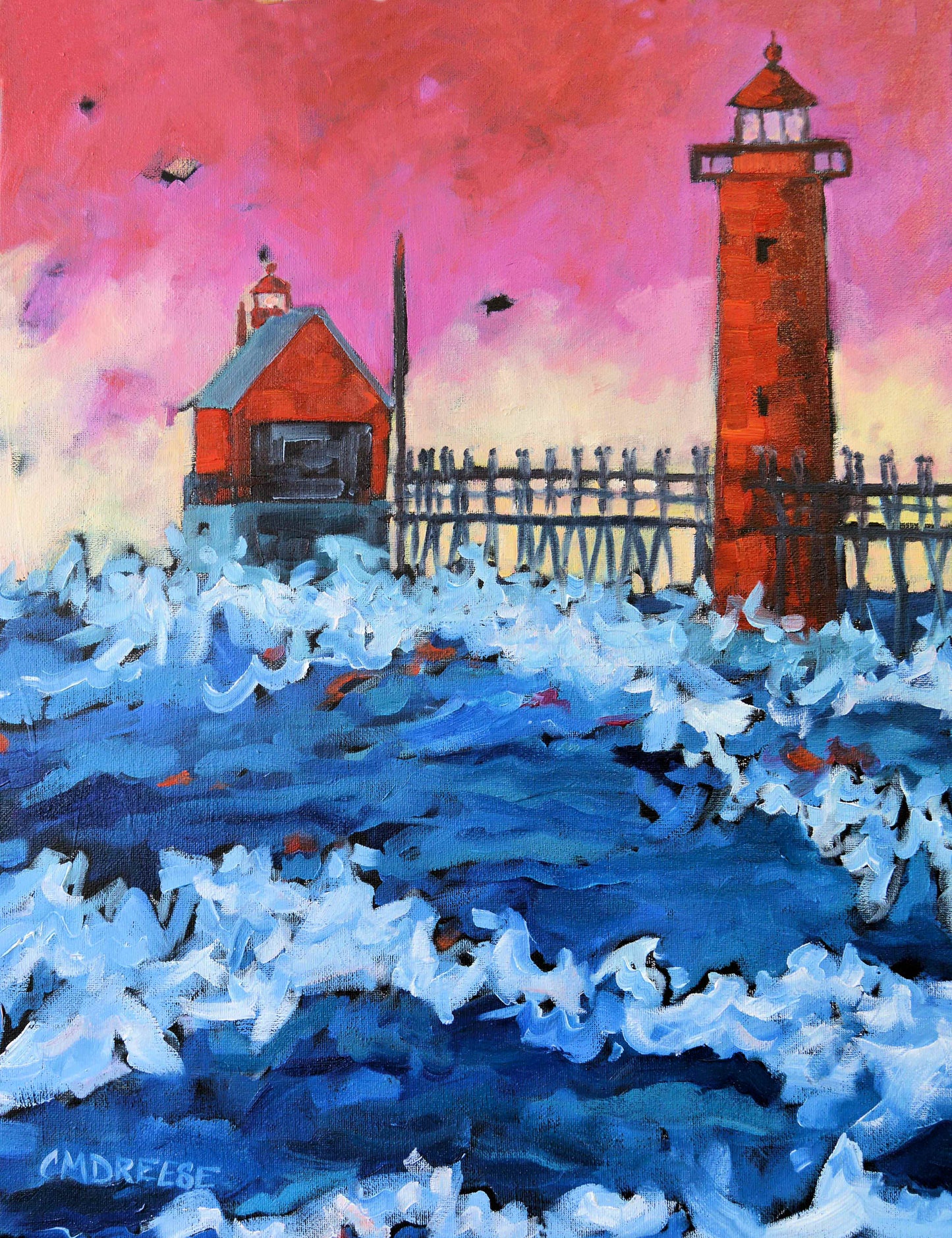 Pink Sky at Night Lighthouse Print on Paper, Wood Panel