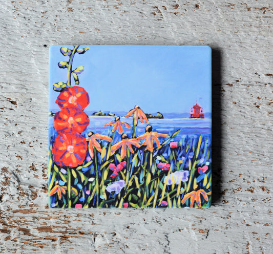 Coaster/ Trivet/ Magnet: Mackinac Island: Hollyhocks and Wildflowers on the Island.