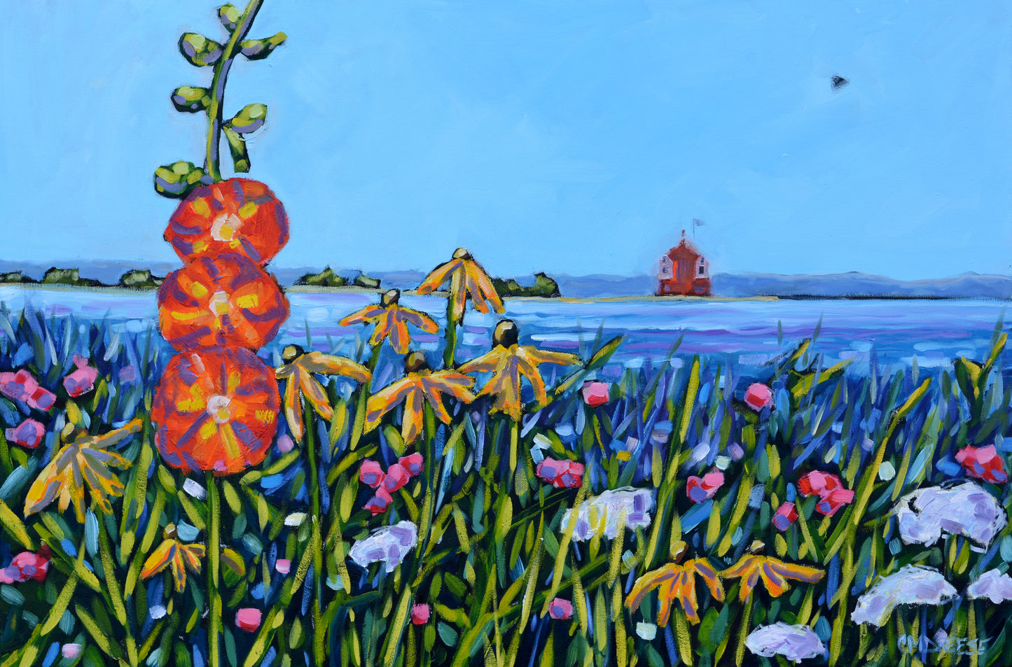 "Mackinac Island - Hollyhocks Wildflowers" Oil Painting on Canvas. Mackinac Island. Artist Christi Dreese