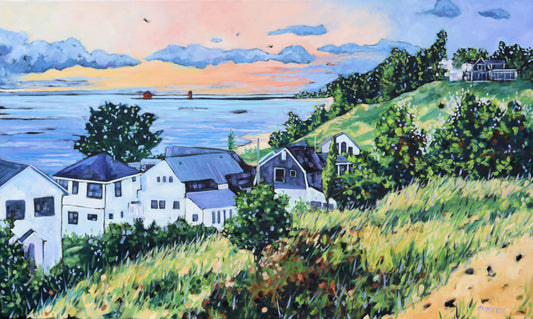 Painting of houses on a hill overlooking Lake Michigan with a colorful sunset.  Stickney Ridge, Grand Haven Michigan.