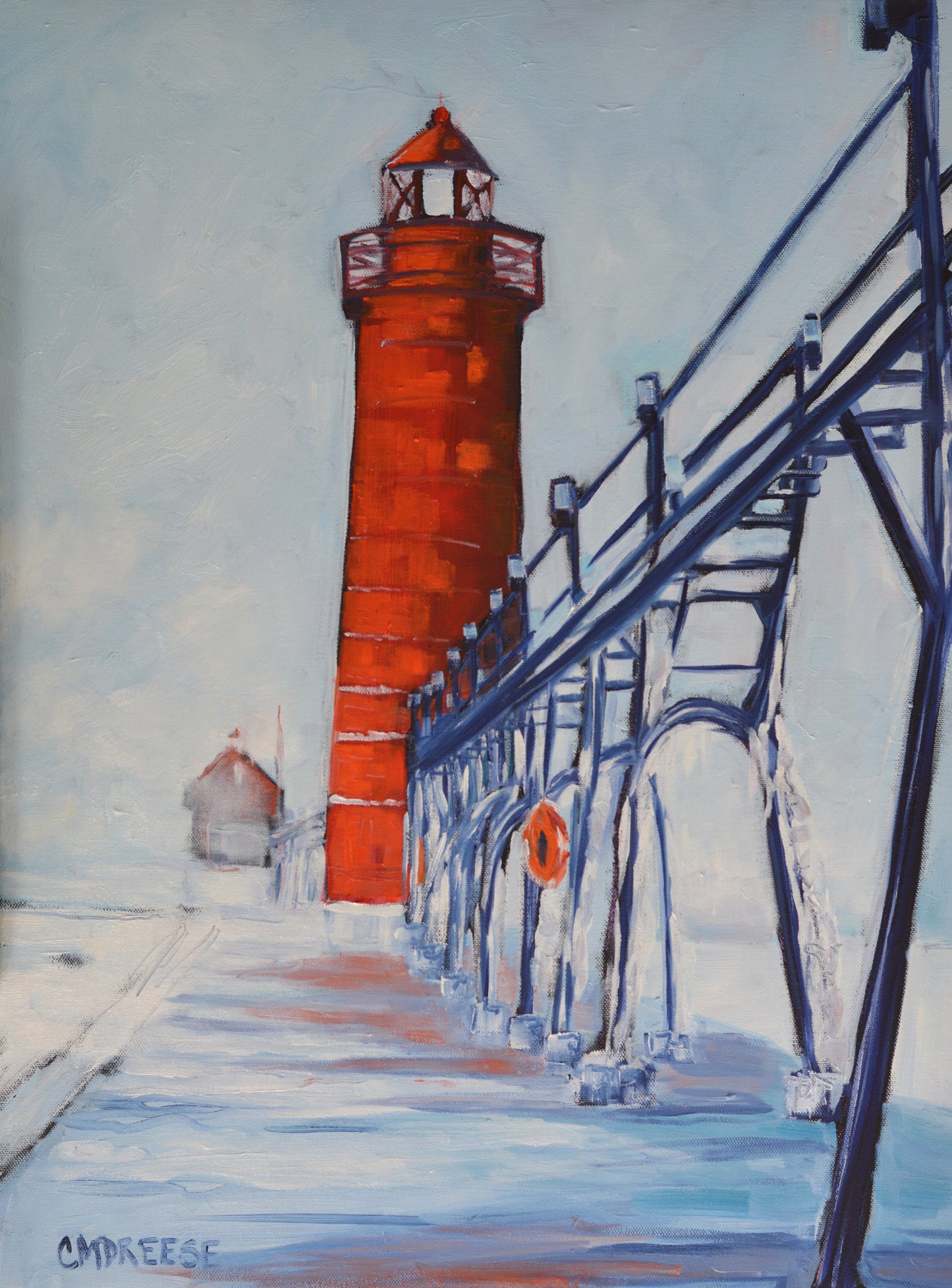 "Grand Haven Lighthouse: Winter's Magic" Oil Painting on Canvas