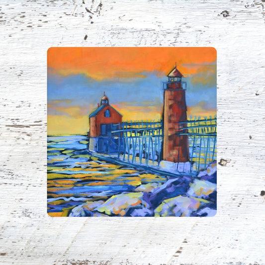 Coaster/ Trivet/ Magnet: Burning Sky, Quiet Shore Grand Haven Lighthouse (Copy)