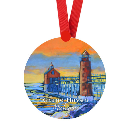 Grand Haven Lighthouse Burning Sky Ornament | 4" Round Michigan Christmas Ornament