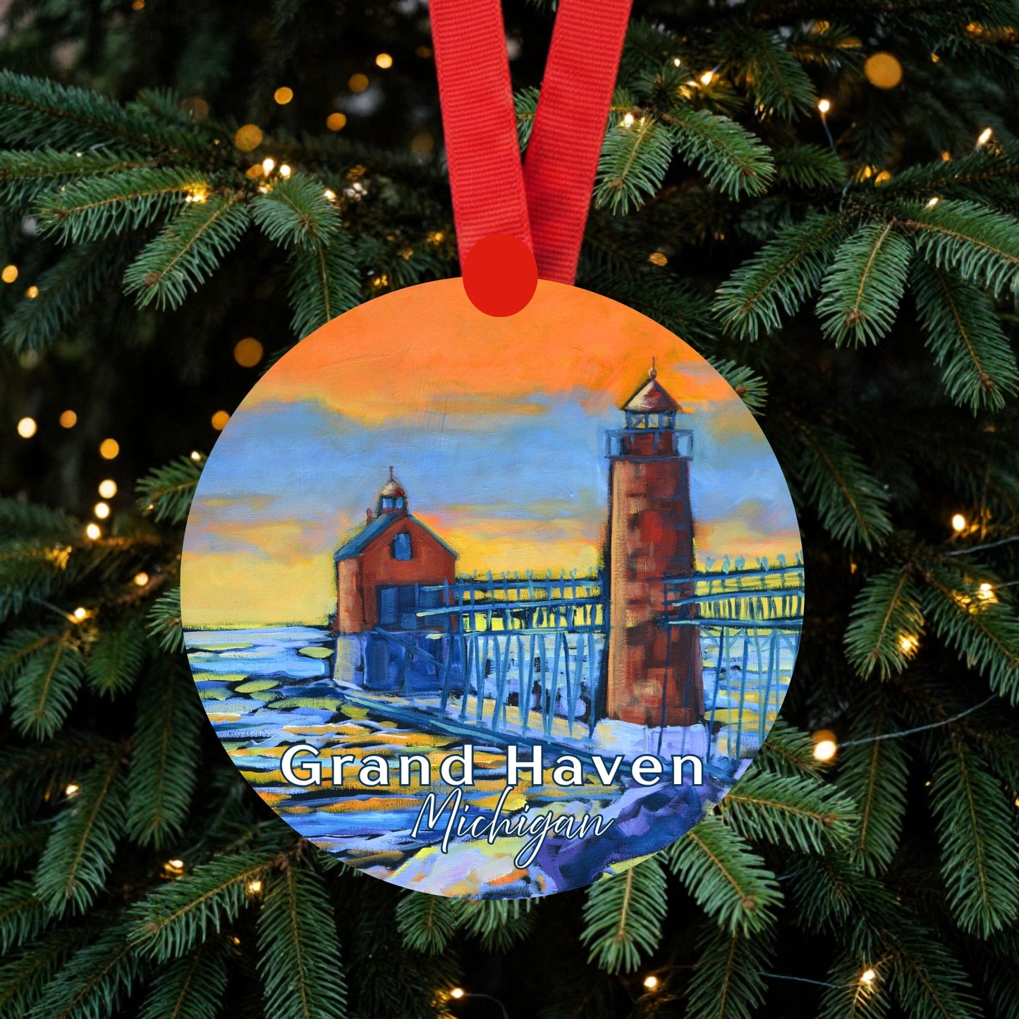 Grand Haven Lighthouse Burning Sky Ornament | 4" Round Michigan Christmas Ornament