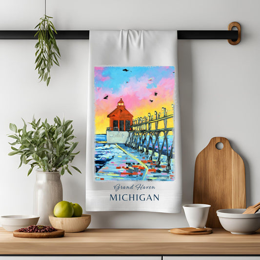 Dish Towel - "Grand Haven Sunset Lighthouse"