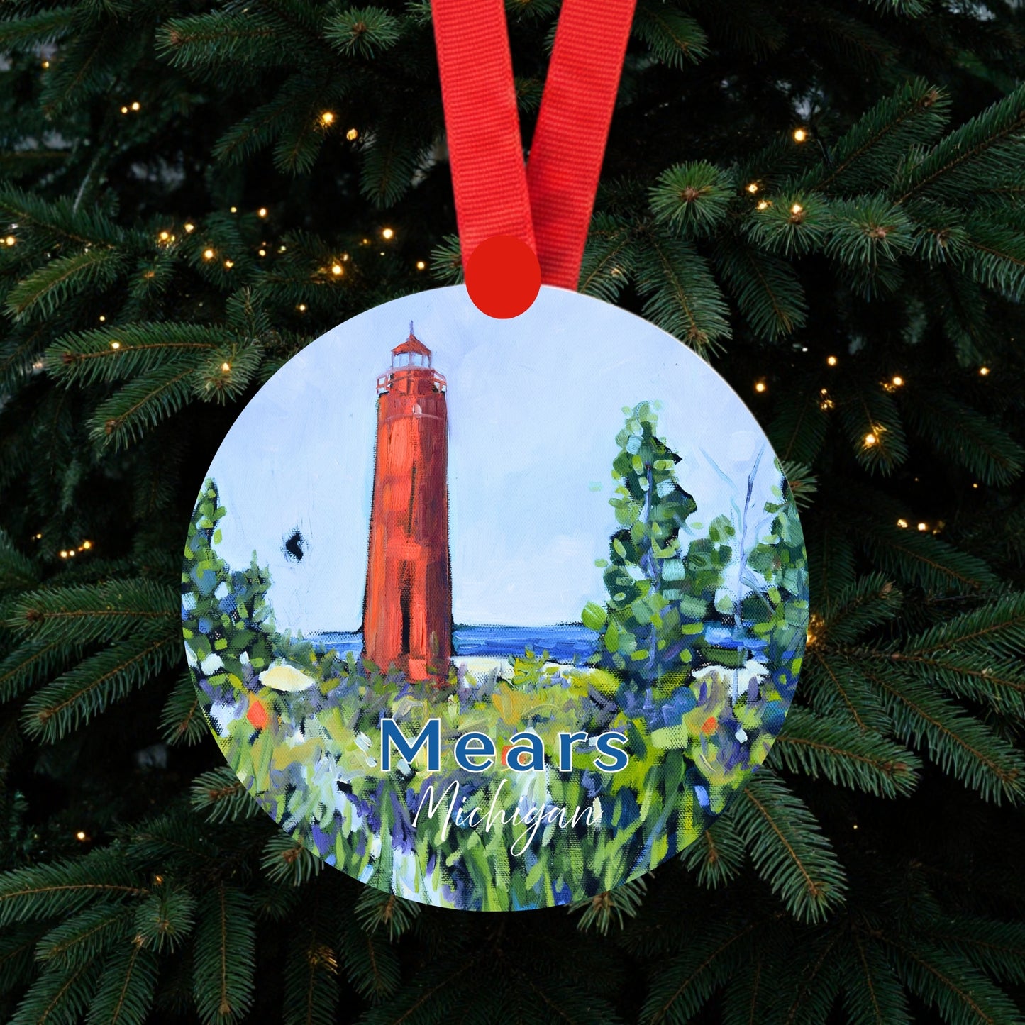 Mears Lighthouse Silver Lake Ornament | 4" Round Michigan Christmas Ornament
