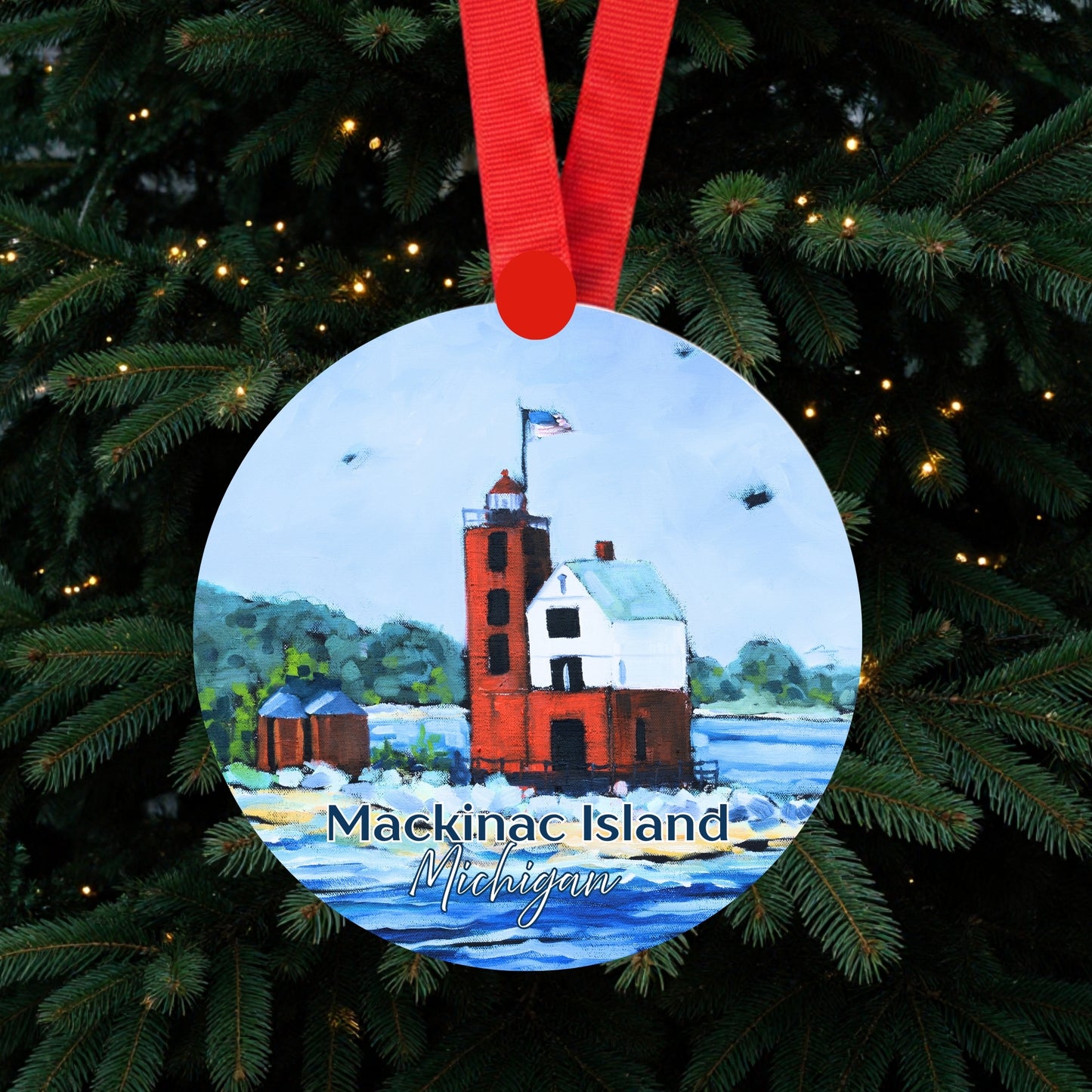 Round Island Lighthouse Mackinac Ornament | 4" Round Michigan Christmas Ornament