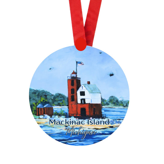 Round Island Lighthouse Mackinac Ornament | 4" Round Michigan Christmas Ornament
