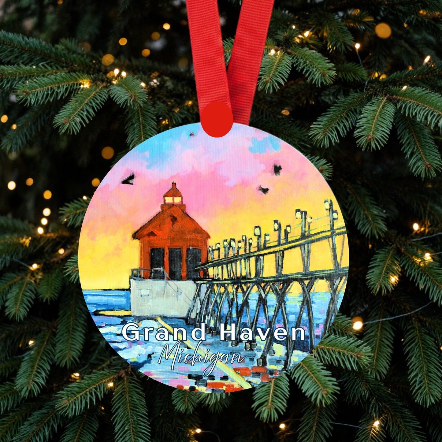 Grand Haven Lighthouse Ornament | 4" Round Michigan Christmas Ornament