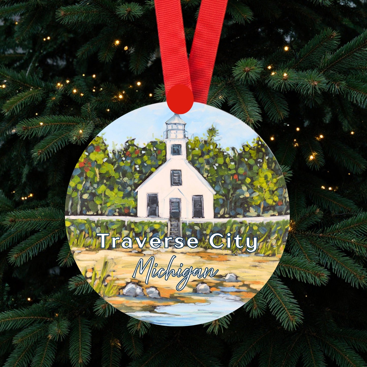 Traverse City Lighthouse Old Mission Point Ornament | 4" Round Michigan Christmas Ornament