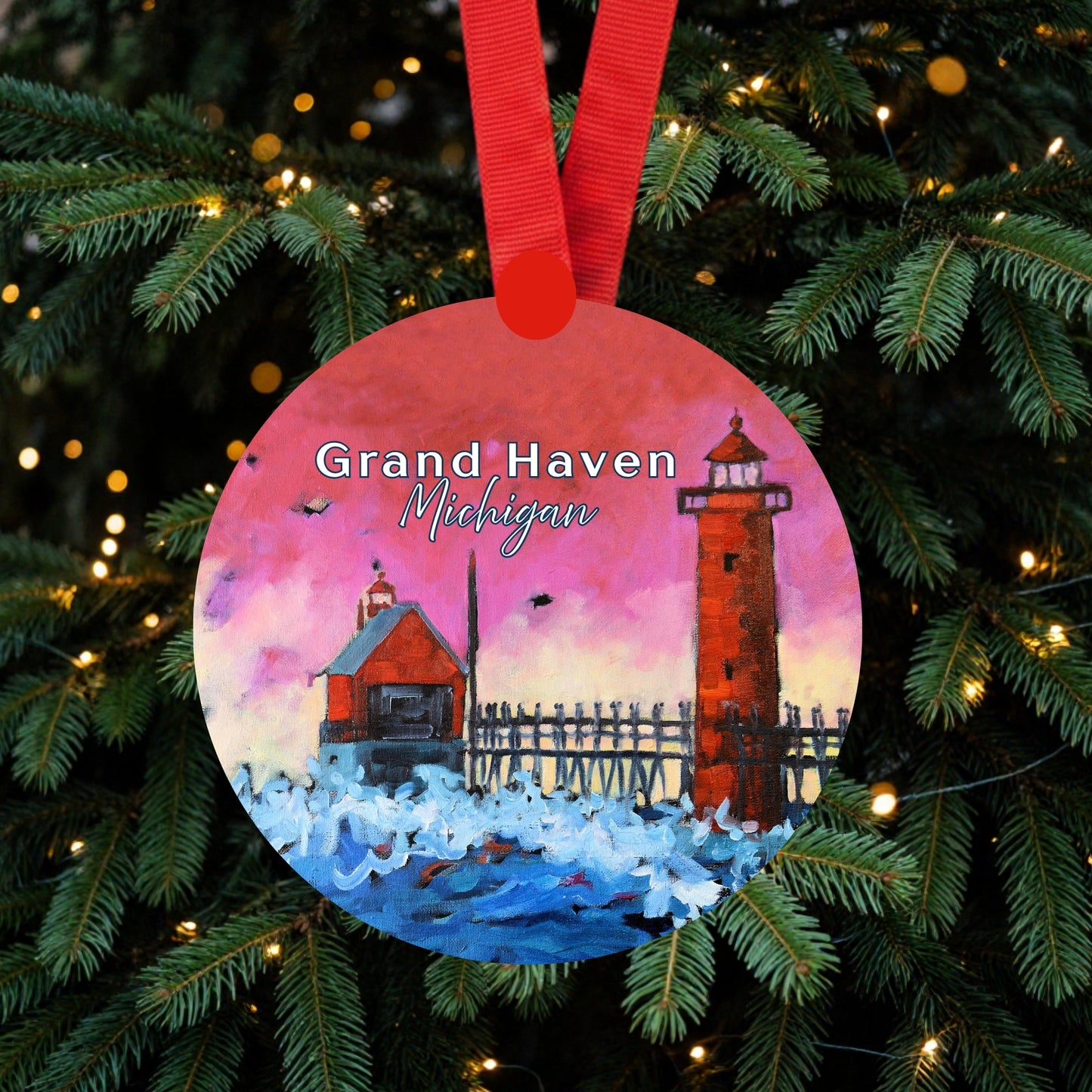 Grand Haven Lighthouse Pink Sky at Night Ornament | 4" Round Michigan Christmas Ornament