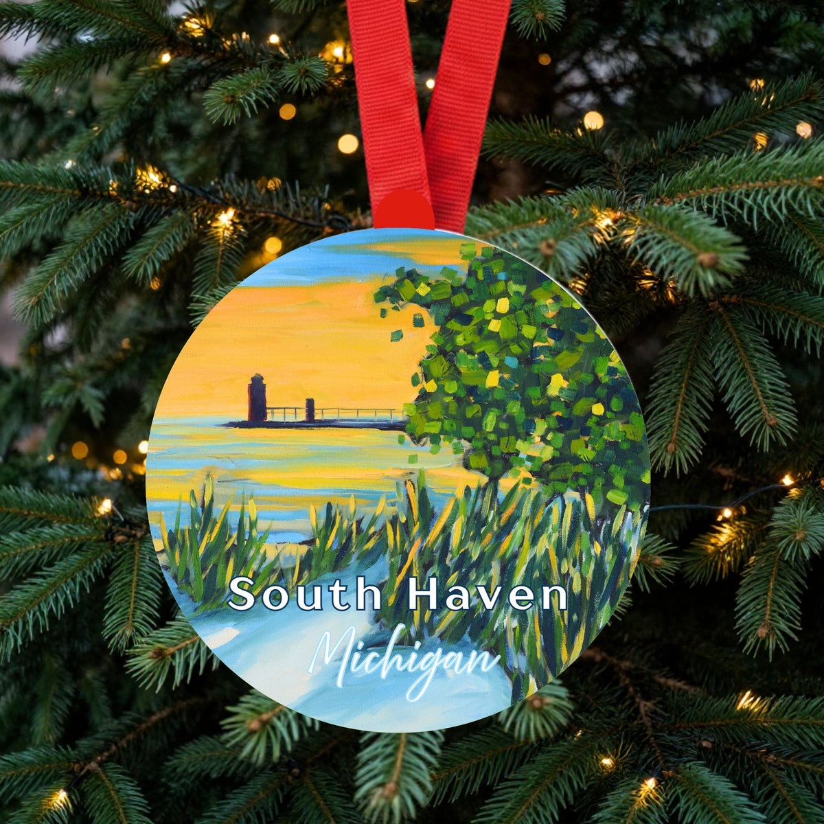 South Haven Lighthouse Michigan Ornament | 4" Round Michigan Christmas Ornament