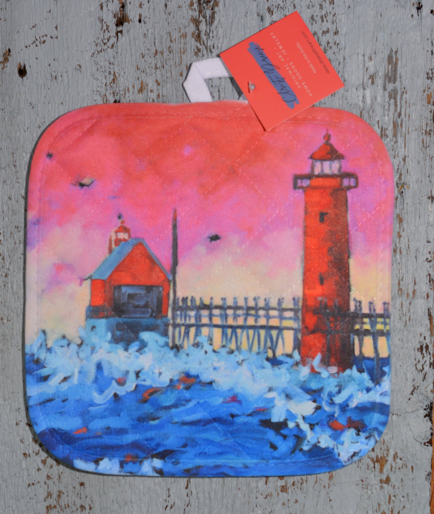 Potholder: Pink Sky at Night Grand Haven Lighthouse. Artist Christi Dreese