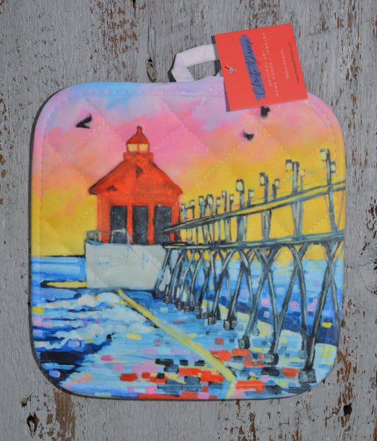 Potholder: Sunset Grand Haven Lighthouse. Artist Christi Dreese