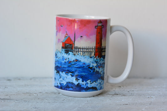 11 oz. and 15 oz Coffee Cup -Pink Sky at Night Grand Haven Lighthouse Michigan.