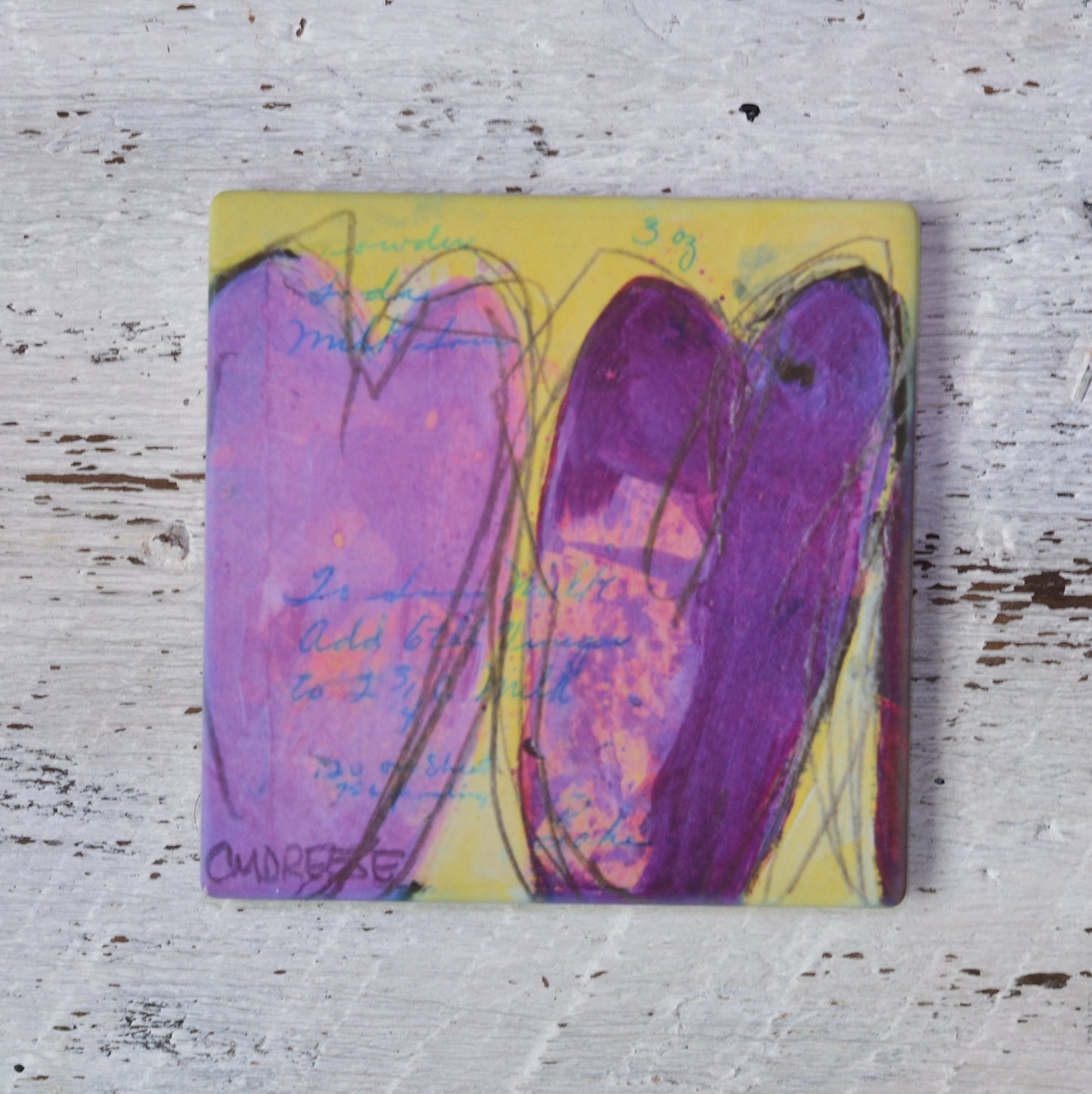 Coaster/ Trivet/ Magnet: Pink/ Purple Hearts.  Spread Love Series.  Valentines Day.
