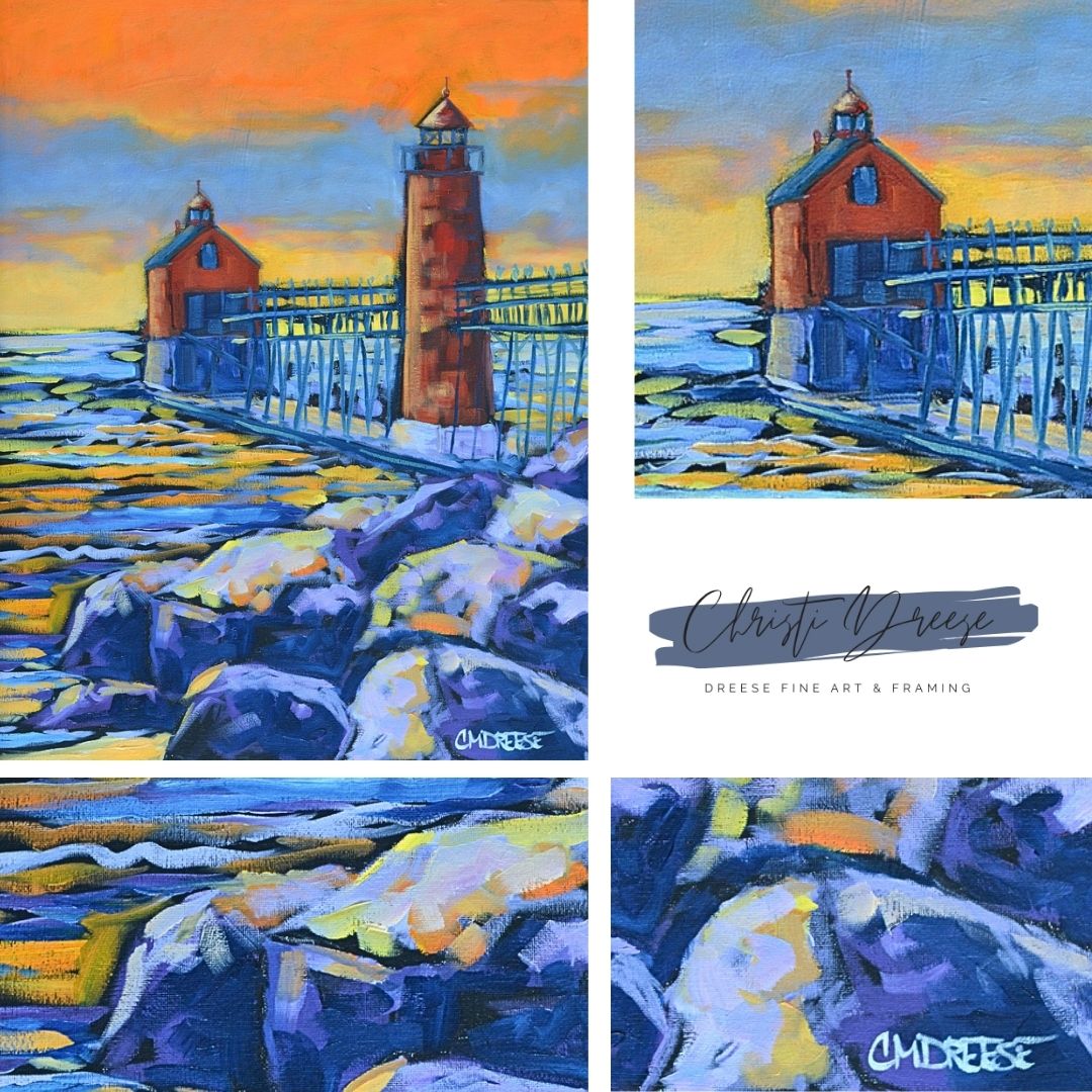 "Grand Haven Lighthouse: Burning Sky, Quiet Shores" Giclee Print on Paper or Canvas. Michigan Artist Christi Dreese