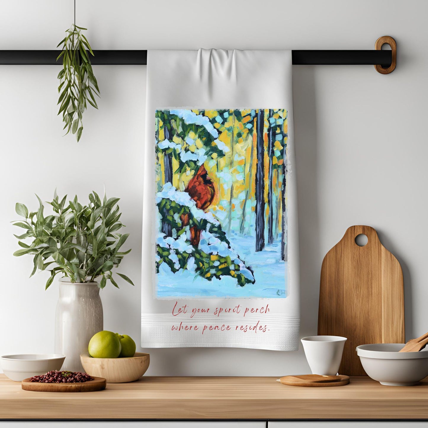 Dish Towel - Winter's Watcher- Cardinal in the Pine Trees