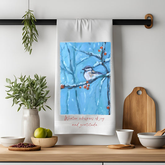 Dish Towel - Snowberry Song - Winter Chickadee