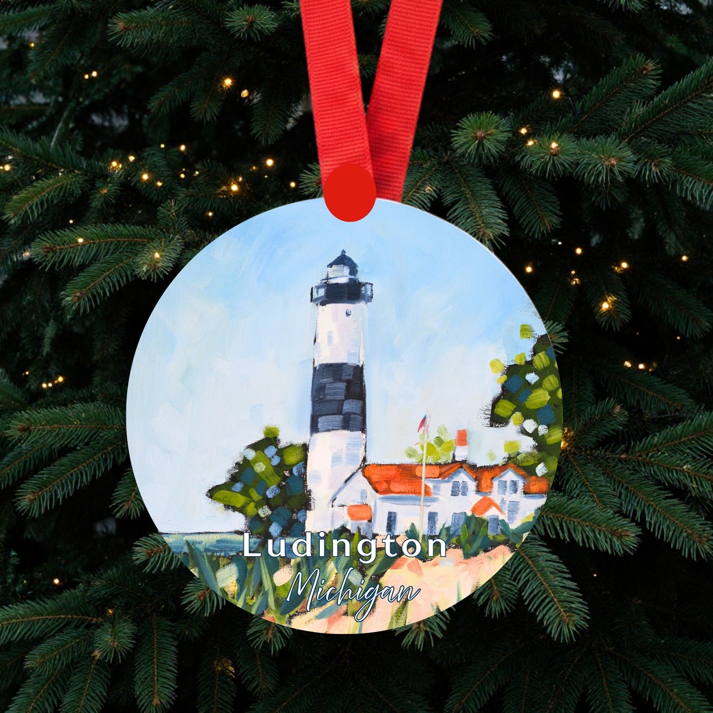 Big Sable Lighthouse Ludington Ornament | 4" Round Michigan Christmas Ornament
