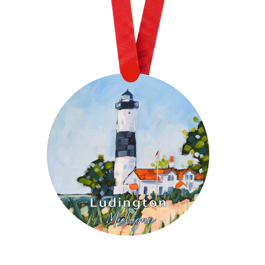 Big Sable Lighthouse Ludington Ornament | 4" Round Michigan Christmas Ornament